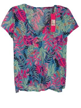Lilly Pulitzer Etta V Neck Top Porto Blue “you’ve Been Spotted” Size Small NWT